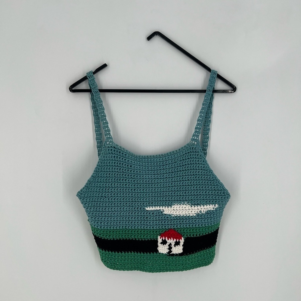 Staud Rare Embroidered Crochet Knit Landscape House Cloud Sky Crop Tank Top